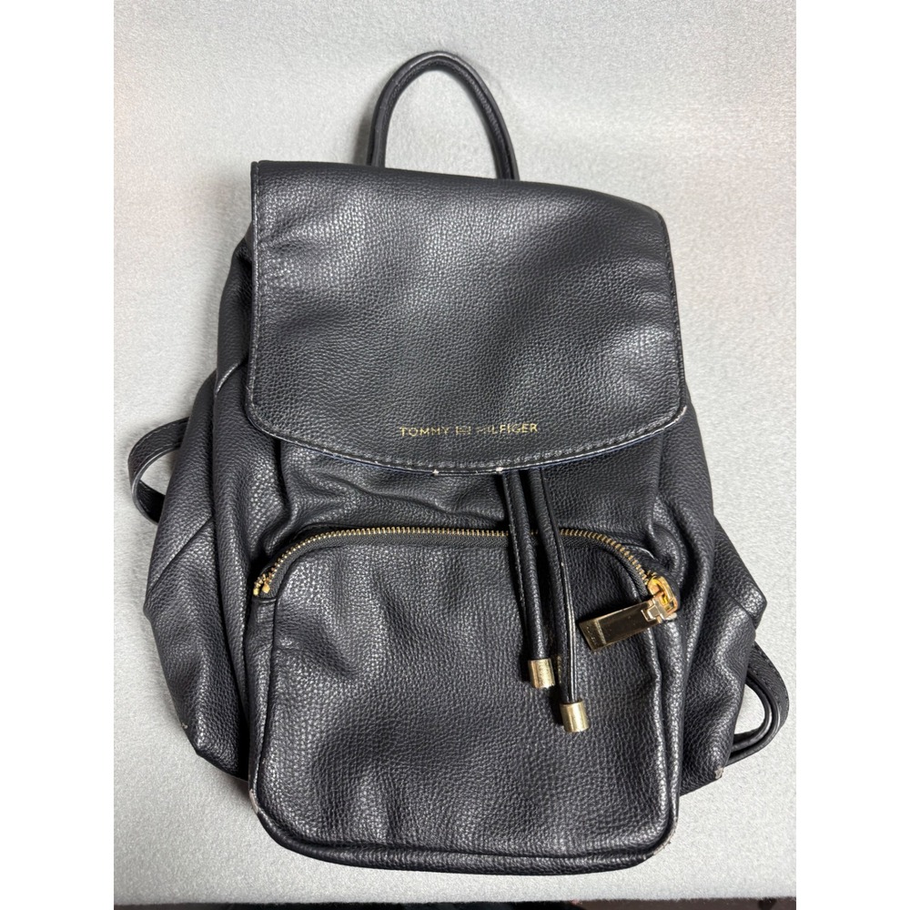 Tommy Hilfiger Womens Mini Backpack Black Pebbled Faux Leather Gold Hardware Bag